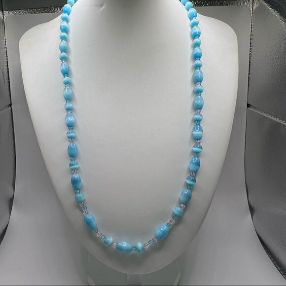Light Blue and Aqua Blue Glass Beads With Clear Beads and Sterling Silver Clasp - Picture 4 of 5